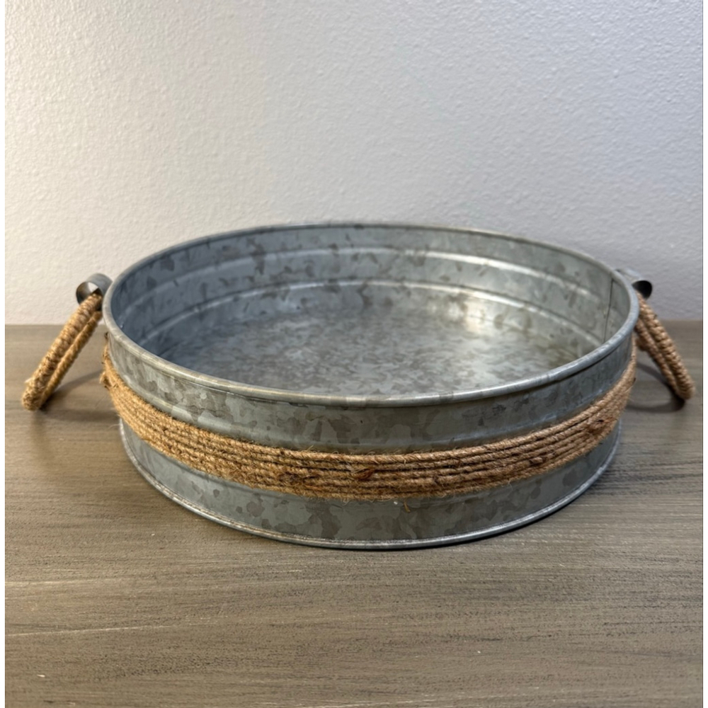 Farmhouse Galvanized Metal Tray 12” Round Rope Handle Serving Centerpiece Decor - Picture 7 of 10